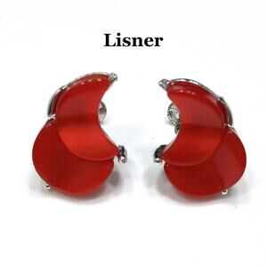 Vintage Lisner Red Screw-Back Earrings, Moonglow Silver Tone, 1950s